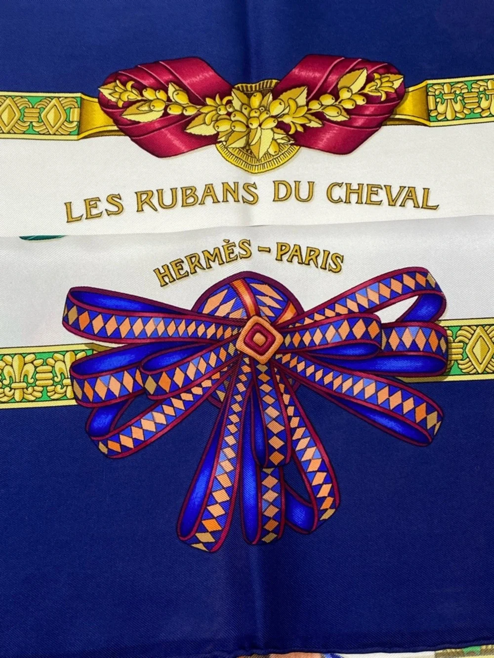 Hermes Navy Blue Multicolor 'Les Rubans du Cheval' Silk Scarf